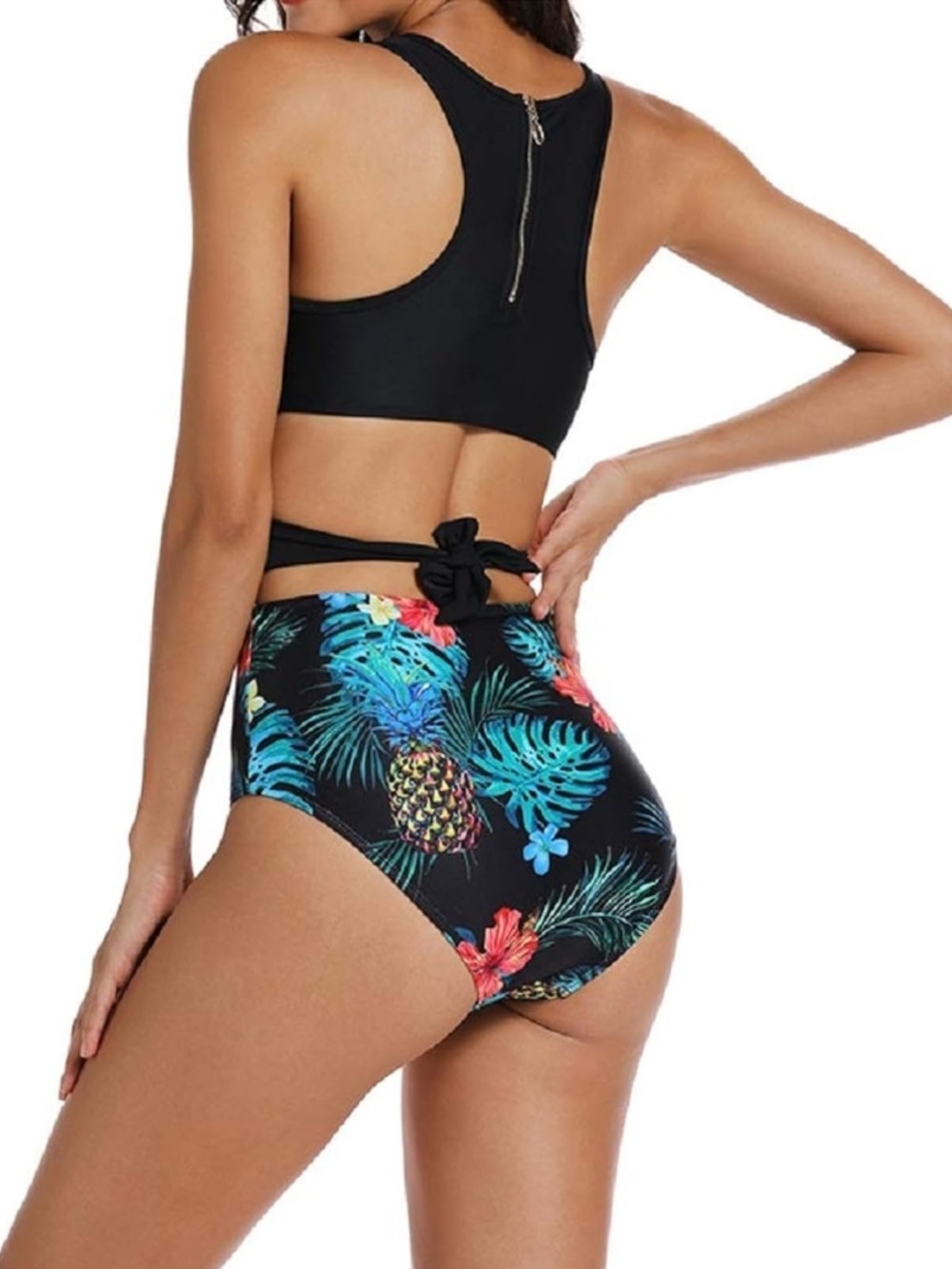 Black Tank One-Piece Swimsuit with Tropical-Print High-Waist Bottom - Picture 7 of 7